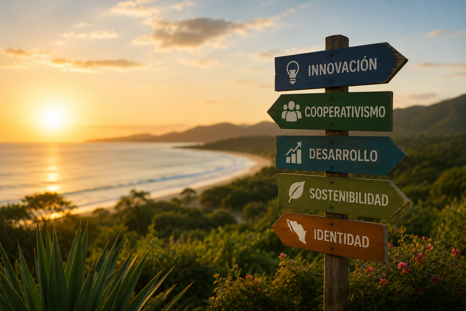 Letrero con las palabras Innovación, Cooperativismo, Desarrollo, Sostenibilidad e Identidad frente a una playa de Guanacaste al atardecer